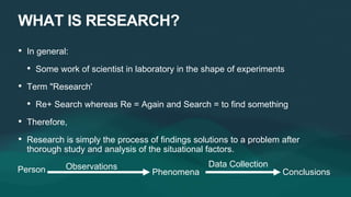 WHAT IS RESEARCH?
• In general:
• Some work of scientist in laboratory in the shape of experiments
• Term "Research'
• Re+...