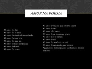 AMOR NA POESIA


                                 O amor é viajante que retorna a casa
                                 O amor liberta
O amor é o fim
                                 O amor não passa
O amor é a estrada
                                 O amor é um estado de graça
O amor é o inicio da caminhada
                                 O amor é consciência
O amor é o que une
                                 O amor é real
O amor é o que ata
                                 O amor é a ausência do mal
O amor o medo despedaça
                                 O amor é tudo aquilo que somos
O amor é chama
                                 Quando os nossos passos são fieis aos nossos
O amor é a brasa
                                 sonhos.
 