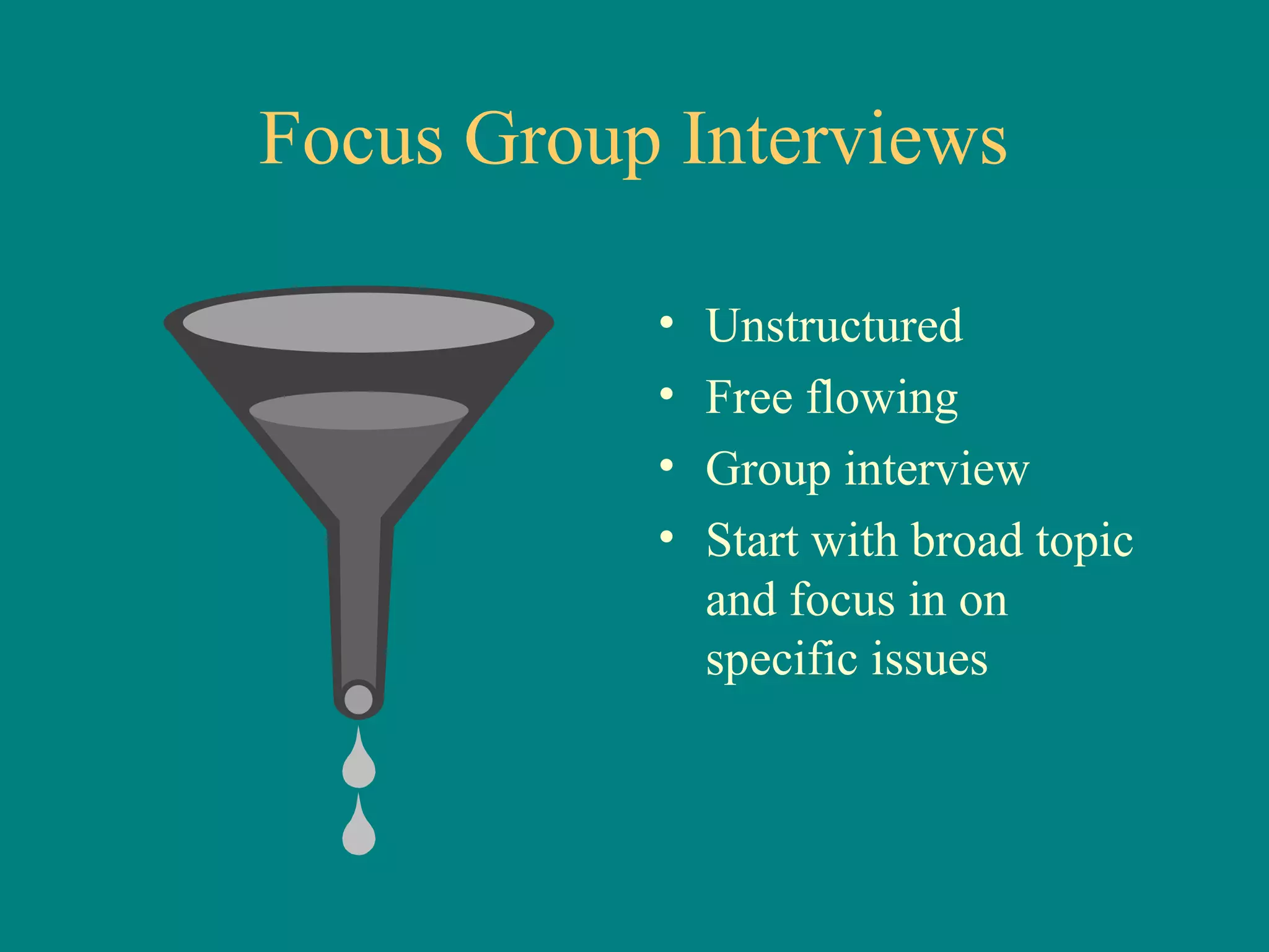 Focus Group Interviews

           •   Unstructured
           •   Free flowing
           •   Group interview
           •   Start with broad topic
               and focus in on
               specific issues
 