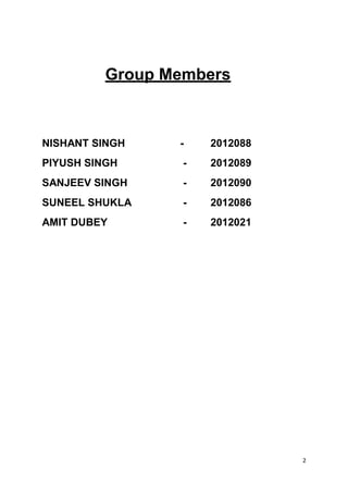 2
Group Members
NISHANT SINGH - 2012088
PIYUSH SINGH - 2012089
SANJEEV SINGH - 2012090
SUNEEL SHUKLA - 2012086
AMIT DUBEY - 2012021
 