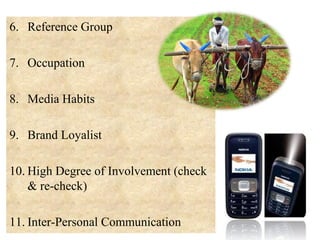 6. Reference Group
7. Occupation
8. Media Habits
9. Brand Loyalist
10. High Degree of Involvement (check
& re-check)
11. Inter-Personal Communication

 