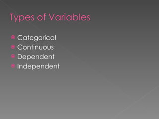 Categorical Continuous Dependent Independent  
