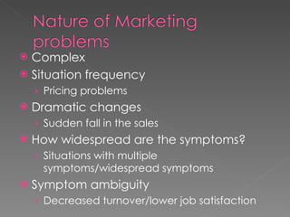 Complex Situation frequency Pricing problems Dramatic changes Sudden fall in the sales How widespread are the symptoms? Situations with multiple symptoms/widespread symptoms Symptom ambiguity Decreased turnover/lower job satisfaction 