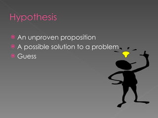 An unproven proposition A possible solution to a problem Guess 