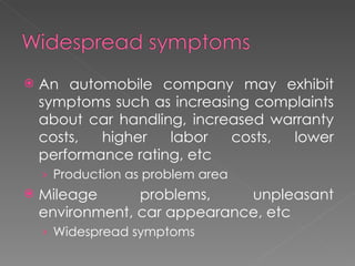 An automobile company may exhibit symptoms such as increasing complaints about car handling, increased warranty costs, higher labor costs, lower performance rating, etc Production as problem area Mileage problems, unpleasant environment, car appearance, etc Widespread symptoms 