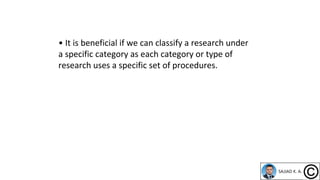• It is beneficial if we can classify a research under
a specific category as each category or type of
research uses a specific set of procedures.
 