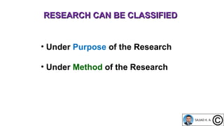 RESEARCH CAN BE CLASSIFIEDRESEARCH CAN BE CLASSIFIED
• Under Purpose of the Research
• Under Method of the Research
 