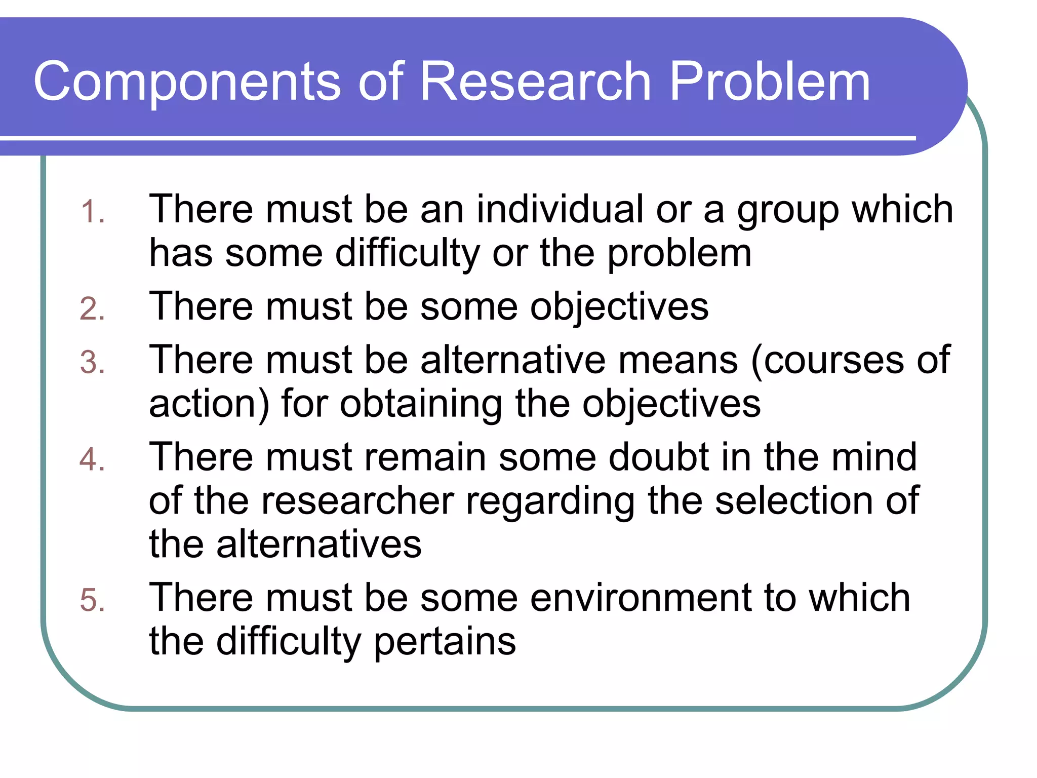 Components of Research Problem There must be an individual or a group which has some difficulty or the problem There must be some objectives There must be alternative means (courses of action) for obtaining the objectives There must remain some doubt in the mind of the researcher regarding the selection of the alternatives There must be some environment to which the difficulty pertains 