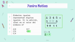 Yanira Matias
Símbolos iguales
representan dígitos
iguales. En la adición,
¿Cúal es el valor del
símbolo ∆?
A)8 B)7
C)6 D)5
E)4
∆ 3 4 5 +
3 6
9 0 1 1
= 6
= 5∆
 