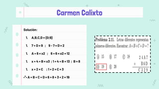 Carmen Calixto
Solución:
1. A,B,C,D = {0;9}
1. 7 + D = 9 ; 9 - 7 = D = 2
1. A + 6 = x2 ; 6 + 6 = x2 = 12
1. x + 4 + B = x3 ; 1 + 4 + B = 13 ; B = 8
1. x + 2 = C ; 1 + 2 = C = 3
•°• A + B + C + D = 6 + 8 + 3 + 2 = 19
 