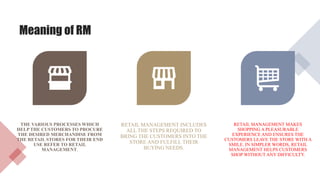 Meaning of RM
THE VARIOUS PROCESSES WHICH
HELP THE CUSTOMERS TO PROCURE
THE DESIRED MERCHANDISE FROM
THE RETAIL STORES FOR THEIR END
USE REFER TO RETAIL
MANAGEMENT.
RETAIL MANAGEMENT INCLUDES
ALL THE STEPS REQUIRED TO
BRING THE CUSTOMERS INTO THE
STORE AND FULFILL THEIR
BUYING NEEDS.
RETAIL MANAGEMENT MAKES
SHOPPING A PLEASURABLE
EXPERIENCE AND ENSURES THE
CUSTOMERS LEAVE THE STORE WITH A
SMILE. IN SIMPLER WORDS, RETAIL
MANAGEMENT HELPS CUSTOMERS
SHOP WITHOUT ANY DIFFICULTY.
 