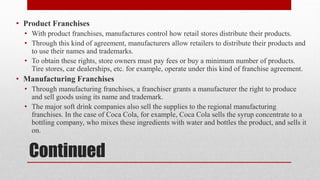 Continued
• Product Franchises
• With product franchises, manufactures control how retail stores distribute their products.
• Through this kind of agreement, manufacturers allow retailers to distribute their products and
to use their names and trademarks.
• To obtain these rights, store owners must pay fees or buy a minimum number of products.
Tire stores, car dealerships, etc. for example, operate under this kind of franchise agreement.
• Manufacturing Franchises
• Through manufacturing franchises, a franchiser grants a manufacturer the right to produce
and sell goods using its name and trademark.
• The major soft drink companies also sell the supplies to the regional manufacturing
franchises. In the case of Coca Cola, for example, Coca Cola sells the syrup concentrate to a
bottling company, who mixes these ingredients with water and bottles the product, and sells it
on.
 