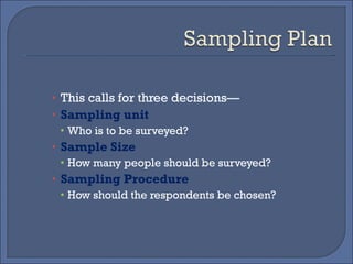 This calls for three decisions—  Sampling unit Who is to be surveyed? Sample Size How many people should be surveyed? Sampling Procedure How should the respondents be chosen? 