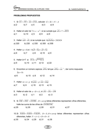 UNIVERSIDAD NACIONAL DEL ALTIPLANO - PUNO R. M
A
TEM
Á
TIC
O
- 23 -
PROBLEMAS PROPUESTOS
1. Si UNA
AA
NN
UU , calcular: A
N
U
E 2
a) 2 b) 7 c) 5 d) 3 e) 9
2. Hallar el valor de ― a
c
b ‖ ; si se cumple que 852
7 d
abc
a) 1 b) 10 c) 5 d) 9 e) 6
3. Hallar ab
aab ; si se cumple que: 242424
)
(
8 ababa
a) 320 b) 230 c) 330 d) 300 e) 308
4. Hallar )
( b
a si: ba
ab
ba
ab )
(
11
a) 8 b) 7 c) 6 d) 10 e) 9
5. Hallar U+T si: 6 *** 6
TU TU
a) 9 b) 10 c) 11 d) 12 e) 22
6. Encontrar un número capicúa abba tal que 3
aa
abba ; dar como respuesta
)
(
2 b
a
a) 6 b) 10 c) 8 d) 12 e) 14
7. Hallar p
n
m si mnp
nm
p
pmn
a) 7 b) 9 c) 18 d) 13 e) 15
8. Hallar el valor de )
( c
b
a , si 4
xb
cba
abc
a) 3 b) -2 c) 1 d) 2 e) -3
9. Si ENTRE
TOC
TOC , cero
O y letras diferentes representan cifras diferentes;
halle las suma de las cifras de ENTRETOC
a) 29 b) 30 c) 28 d) 31 e) 27
10.Si FALSO
NADA
NADA , S
D , cero
O y letras diferentes representan cifras
diferentes, hallar N
O
D
L
A
F
a) 30 b) 34 c) 28 d) 31 e) 36
 