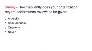 Survey - How frequently does your organization
require performance reviews to be given:
o Annually
o Semi-annually
o Quarterly
o Never
11
 