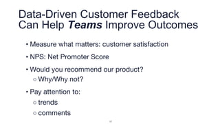 Data-Driven Customer Feedback
Can Help Teams Improve Outcomes
• Measure what matters: customer satisfaction
• NPS: Net Promoter Score
• Would you recommend our product?
○ Why/Why not?
• Pay attention to:
○ trends
○ comments
17
 