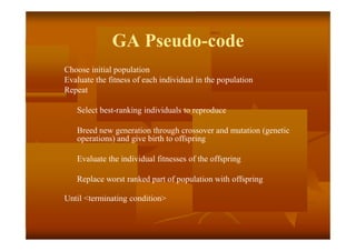 GA Pseudo-code
Choose initial population
Evaluate the fitness of each individual in the population
Repeat
Select best-ranking individuals to reproduce
Breed new generation through crossover and mutation (genetic
operations) and give birth to offspring
Evaluate the individual fitnesses of the offspring
Replace worst ranked part of population with offspring
Until <terminating condition>
 