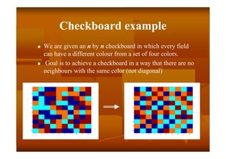 Checkboard example
 We are given an n by n checkboard in which every field
can have a different colour from a set of four colors.
 Goal is to achieve a checkboard in a way that there are no
neighbours with the same color (not diagonal)
1 2 3 4 5 6 7 8 9 10
1
2
3
4
5
6
7
8
9
10
1 2 3 4 5 6 7 8 9 10
1
2
3
4
5
6
7
8
9
10
 