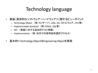 25
Technology language
• 実装（具体的なソフトウェア・ハードウェア）に関するビューポイント
– Technology Object （例：PC/サーバ、LAN、OS、ミドルウェア、CPU等）
– Implementabl...