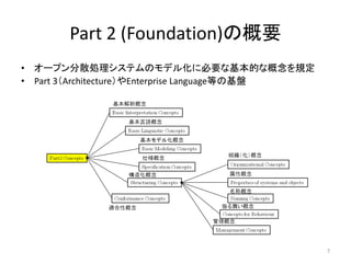 7
Part 2 (Foundation)の概要
• オープン分散処理システムのモデル化に必要な基本的な概念を規定
• Part 3（Architecture）やEnterprise Language等の基盤
 