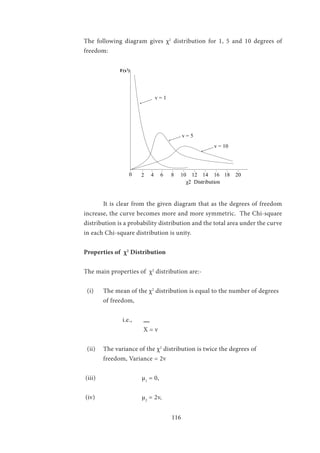 116
The following diagram gives χ2
distribution for 1, 5 and 10 degrees of
freedom:
v = 1
v = 5
v = 10
F(x2
)
2 4 6 8 10 12 14 16 18 20 22 χ2
χ2 Distribution
0
	 It is clear from the given diagram that as the degrees of freedom
increase, the curve becomes more and more symmetric. The Chi-square
distribution is a probability distribution and the total area under the curve
in each Chi-square distribution is unity.
Properties of χ2
Distribution
The main properties of χ2
distribution are:-
(i)	 The mean of the χ2
distribution is equal to the number of degrees 	
	 of freedom,
	
		i.e., 		
			 X = v
(ii)	 The variance of the χ2
distribution is twice the degrees of 			
	 freedom, Variance = 2v
(iii)			µ1
= 0,
(iv)			µ2
= 2v,
 