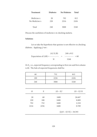 120
	 Treatment		 Diabetes	 No Diabetes	 Total
	 Medicine x		 20		 792		 812
No Medicine x		 220		 2216		 2436
Total			 240		 3008		 3248
Discuss the usefulness of medicine x in checking malaria.
Solution:
	 Let us take the hypothesis that quinine is not effective in checking
diabetes. Applying χ2
test :
			
			 	 (A) X (B) 240 x 812
	 Expectation of (AB) = ------------ = ------------ = 60
N 3248
Or E1
, i.e., expected frequency corresponding to first row and first column
is 60. The bale of expected frequencies shall be:
60 752 812
180 2256 2436
240 3008 3248
	 O		 E		 (O – E)2
		 (O – E)2
/E
	 20	 60		 1600			 26.667
220	 180	 1600	 	 8.889
792	 752	 1600	 	 2.218
2216	 2256	 1600	 	 0.709
[∑(O – E)2
/E] = 38.593
 
