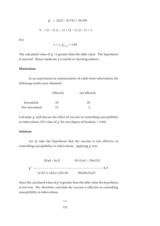 121
			χ2
= [∑(O – E)2
/E] = 38.593
		 V = (r – 1) (c – 1) = (2 – 1) (2 – 1) = 1
For
			 v = 1, χ2
0.05
= 3.84
The calculated value of χ2
is greater than the table value. The hypothesis
is rejected. Hence medicine x is useful in checking malaria.
Illustration:
	 In an experiment on immunization of cattle from tuberculosis the
following results were obtained:
			 Affected		 not affected
Inoculated		 10			 20
Not inoculated	 15 	 		 5
Calculate χ2
and discuss the effect of vaccine in controlling susceptibility
to tuberculosis (5% value of χ2
for one degree of freedom = 3.84).
Solution:
	 Let us take the hypothesis that the vaccine is not effective in
controlling susceptibility to tuberculosis. Applying χ2
test:
	 N(ad – bc)2 50 (11x5 – 20x15)2
	 χ2
= -------------------------- = ------------------------ = 8.3
	 (a+b) (c+d)(a+c)(b+d) 30x20x25x25
Since the calculated value of χ2
is greater than the table value the hypothesis
is not true. We, therefore, conclude the vaccine is effective in controlling
susceptibility to tuberculosis.
				 ***
 