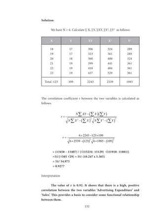 132
Solution:
	 We have N = 6. Calculate ∑ X, ∑Y, ∑XY, ∑Y2
, ∑Y2
as follows:
X Y XY X2
Y2
18
19
20
21
22
23
17
17
18
19
19
19
306
323
360
399
418
437
324
361
400
441
484
529
289
289
324
361
361
361
Total :123 109 2243 2539 1985
The correlation coefficient r between the two variables is calculated as
follows:
		
( )( )
( ) ( )
2 22 2
N XY X Y
r
N X X N Y Y
−
=
− −
∑ ∑ ∑
∑ ∑ ∑ ∑
		
( ) ( )
2 2
6 2243 123 109
6 2539 123 6 1985 109
r
× − ×
=
× − × −
	 = (13458 – 13407) / {√(15234- 15129) √(11910- 11881)}
=51/{√105 √29} = 51/ (10.247 x 5.365)
= 51/ 54.975
= 0.9277
Interpretation
	 The value of r is 0.92. It shows that there is a high, positive
correlation between the two variables ‘Advertising Expenditure’ and
‘Sales’. This provides a basis to consider some functional relationship
between them.
 