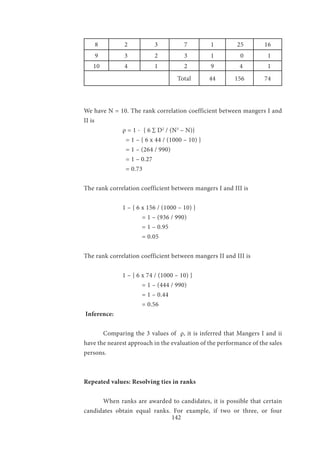 142
8 2 3 7 1 25 16
9 3 2 3 1 0 1
10 4 1 2 9 4 1
Total 44 156 74
We have N = 10. The rank correlation coefficient between mangers I and
II is
		 ρ = 1 - { 6 ∑ D2
/ (N3
– N)}
		 = 1 – { 6 x 44 / (1000 – 10) }
		 = 1 – (264 / 990)
		 = 1 – 0.27 	
		 = 0.73
The rank correlation coefficient between mangers I and III is
		 1 – { 6 x 156 / (1000 – 10) }
			 = 1 – (936 / 990)
			 = 1 – 0.95
			 = 0.05
The rank correlation coefficient between mangers II and III is
		 1 – { 6 x 74 / (1000 – 10) }	
			 = 1 – (444 / 990)
			 = 1 – 0.44
			= 0.56
Inference:
	 Comparing the 3 values of ρ, it is inferred that Mangers I and ii
have the nearest approach in the evaluation of the performance of the sales
persons.
Repeated values: Resolving ties in ranks
	 When ranks are awarded to candidates, it is possible that certain
candidates obtain equal ranks. For example, if two or three, or four
 