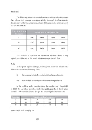 175
Problem 2
	 The following are the details of plinth areas of ownership apartment
flats offered by 3 housing companies A,B,C. Use analysis of variance to
determine whether there is any significant difference in the plinth areas of
the apartment flats.
H o u s i n g
Company
Plinth area of apartment flats
A 1500 1430 1550 1450
B 1450 1550 1600 1480
C 1550 1420 1450 1430
	 Use analysis of variance to determine whether there is any
significant difference in the plinth areas of the apartment’s flats.
Note:
	 As the given figures are large, working with them will be difficult.
Therefore, we use the following facts:
	 i).	 Variance ratio is independent of the change of origin.
	 ii.)	 Variance ratio is independent of the change of scale.
	 In the problem under consideration, the numbers vary from 1420
to 1600. So we follow a method called the coding method. First, let us
subtract 1400 from each item. We get the following transformed data:
Company Transformed measurement
A 100 30 150 50
B 50 150 100 80
C 150 20 50 30
Next, divide each entry by 10.
 