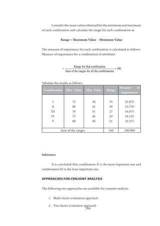 204
	 Consider the mean values obtained for the minimum and maximum
of each combination and calculate the range for each combination as
Range = Maximum Value – Minimum Value
The measure of importance for each combination is calculated as follows:
Measure of importance for a combination of attributes
		
Range for that combination
= 100
Sum of the ranges for all the combinations
×
Tabulate the results as follows:
Combination Max. Value Min. Value Range
Measure of
Importance
I
II
III
IV
V
73
80
78
75
80
38
42
51
46
49
35
38
27
29
31
21.875
23.750
16.875
18.125
19.375
Sum of the ranges 160 100.000
Inference:
	 It is concluded that combination II is the most important one and
combination III is the least important one.
APPROACHES FOR CONJOINT ANALYSIS
The following two approaches are available for conjoint analysis:
1.	 Multi-factor evaluation approach
2.	 Two-factor evaluation approach
 