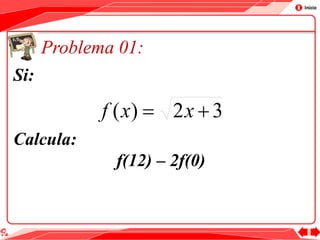 Si:
Calcula:
f(12) – 2f(0)
Problema 01:
32)(  xxf
 