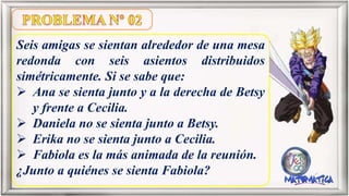 Seis amigas se sientan alrededor de una mesa
redonda con seis asientos distribuidos
simétricamente. Si se sabe que:
Ana se sienta junto y a la derecha de Betsy
y frente a Cecilia.
Daniela no se sienta junto a Betsy.
Erika no se sienta junto a Cecilia.
Fabiola es la más animada de la reunión.
¿Junto a quiénes se sienta Fabiola?
