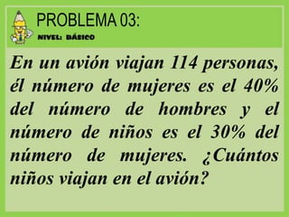 En un avión viajan 114 personas,
él número de mujeres es el 40%
del número de hombres y el
número de niños es el 30% del
número de mujeres. ¿Cuántos
niños viajan en el avión?
 