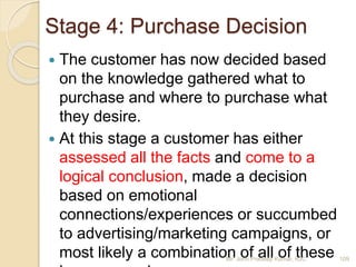 Stage 4: Purchase Decision
 The customer has now decided based
on the knowledge gathered what to
purchase and where to purchase what
they desire.
 At this stage a customer has either
assessed all the facts and come to a
logical conclusion, made a decision
based on emotional
connections/experiences or succumbed
to advertising/marketing campaigns, or
most likely a combination of all of these 109Mr. John Pradeep Kumar, KJC
 