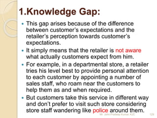 1.Knowledge Gap:
 This gap arises because of the difference
between customer’s expectations and the
retailer’s perception towards customer’s
expectations.
 It simply means that the retailer is not aware
what actually customers expect from him.
 For example, in a departmental store, a retailer
tries his level best to provide personal attention
to each customer by appointing a number of
sales staff, who roam near the customers to
help them as and when required.
 But customers take this service in different way
and don’t prefer to visit such store considering
store staff wandering like police around them.
129Mr. John Pradeep Kumar, KJC
 
