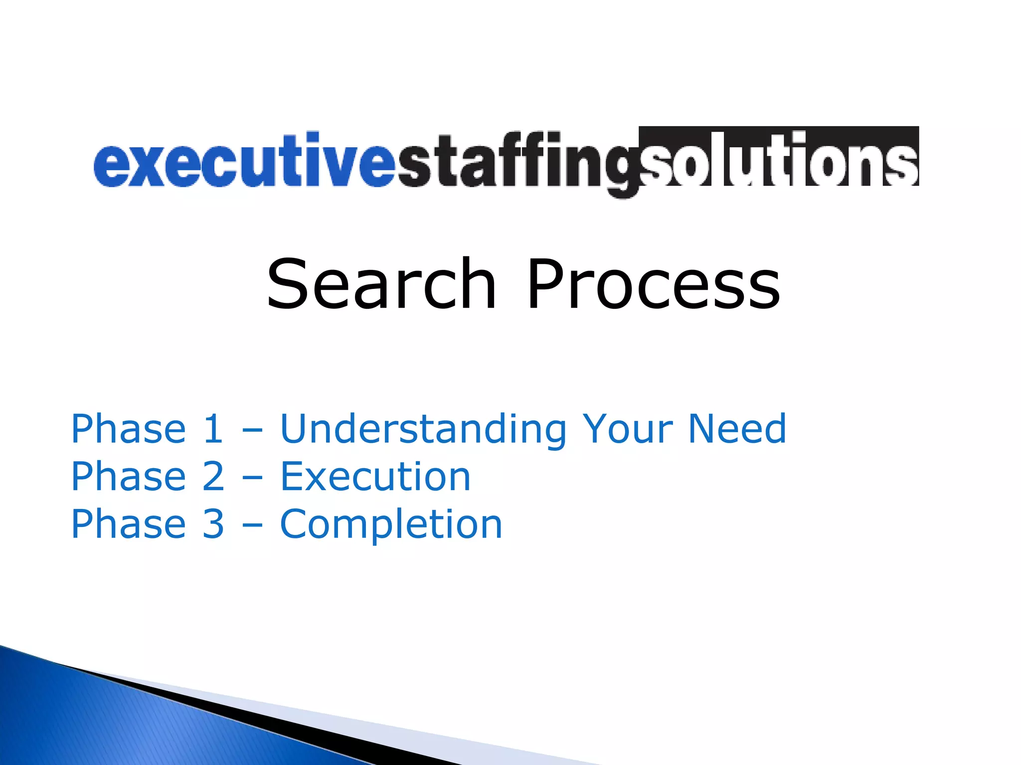 Search Process Phase 1 – Understanding Your Need  Phase 2 – Execution Phase 3 – Completion 
