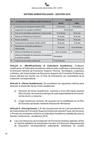 30
resolución ministerial 001 / 2018
SISTEMA SEMESTRALIZADO - GESTIÓN 2018
Nº ACTIVIDADES ACADÉMICAS-INSTITUCIONALES
FECHAS
INICIO FINAL
1 Inscripciones de estudiantes Gestión I/2018 22 de enero 19 de febrero
2 Inauguración de la gestión académica 05 de febrero
3 Inicio de las actividades académicas e institucionales 19 de febrero 06 de julio
4 Defensa de Modalidad de Graduación 02 de julio 20 de julio
5 Receso académico 09 de julio 20 de julio
6 Inscripciones de estudiantes Gestión II/2018 09 de julio 13 de julio
7 Desarrollo de actividades académicas e
institucionales
23 de julio 03 de diciembre
8 Defensa de Modalidad de Graduación 19 de noviembre 7 de diciembre
Defensa de Modalidad de Graduación de estudiantes
de gestiones pasadas
Permanente
9 Clausura de actividades académicas 14 de diciembre
Artículo 4.- (Modificación/es al Calendario Académico). Cualquier
modificación al Calendario Académico deberá estar justificada y autorizada por
la Dirección General de Formación Superior Técnica, Tecnológica, Lingüística
y Artística, del Viceministerio de Educación Superior de Formación Profesional,
previa solicitud por escrito con 10 días de anticipación por autoridades de la
institución correspondiente.
Artículo 5.- (Horas Académicas). Se consideran los siguientes criterios para
alcanzar el desarrollo de las horas académicas:
a)	 Duración de Horas Académicas: cuarenta y cinco (45) hasta sesenta
(60) minutos, de acuerdo al tiempo de cada especialidad de formación,
turnos diurno y nocturno.
b)	 Carga horaria por semana: De acuerdo con lo establecido en el Plan
de Estudios aprobado mediante Resolución Ministerial.
Artículo 6.- (Inscripciones). I. En las inscripciones de las y los estudiantes en
las Instituciones de Formación SuperiorArtística de carácter Fiscal, de Convenio
y Privado se procederá conforme al Calendario Académico establecido para la
Gestión Institucional – Académica 2018.
II. 	 Las o los Directivos de la Institución de Formación Artística deberán remitir
un informe detallado de estudiantes inscritos a la Dirección Departamental
de Educación correspondiente (adjuntando estadística de cuadro
 