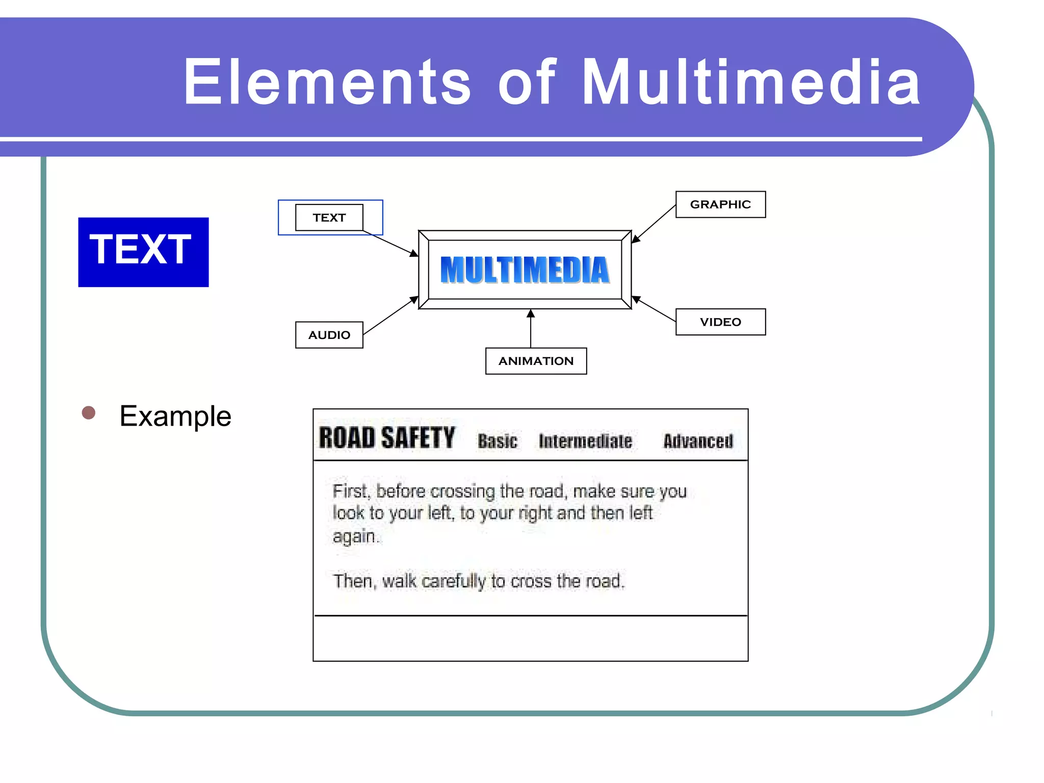 Elements of Multimedia
TEXT
TEXT
AUDIO
GRAPHIC
VIDEO
ANIMATION
 Example
 