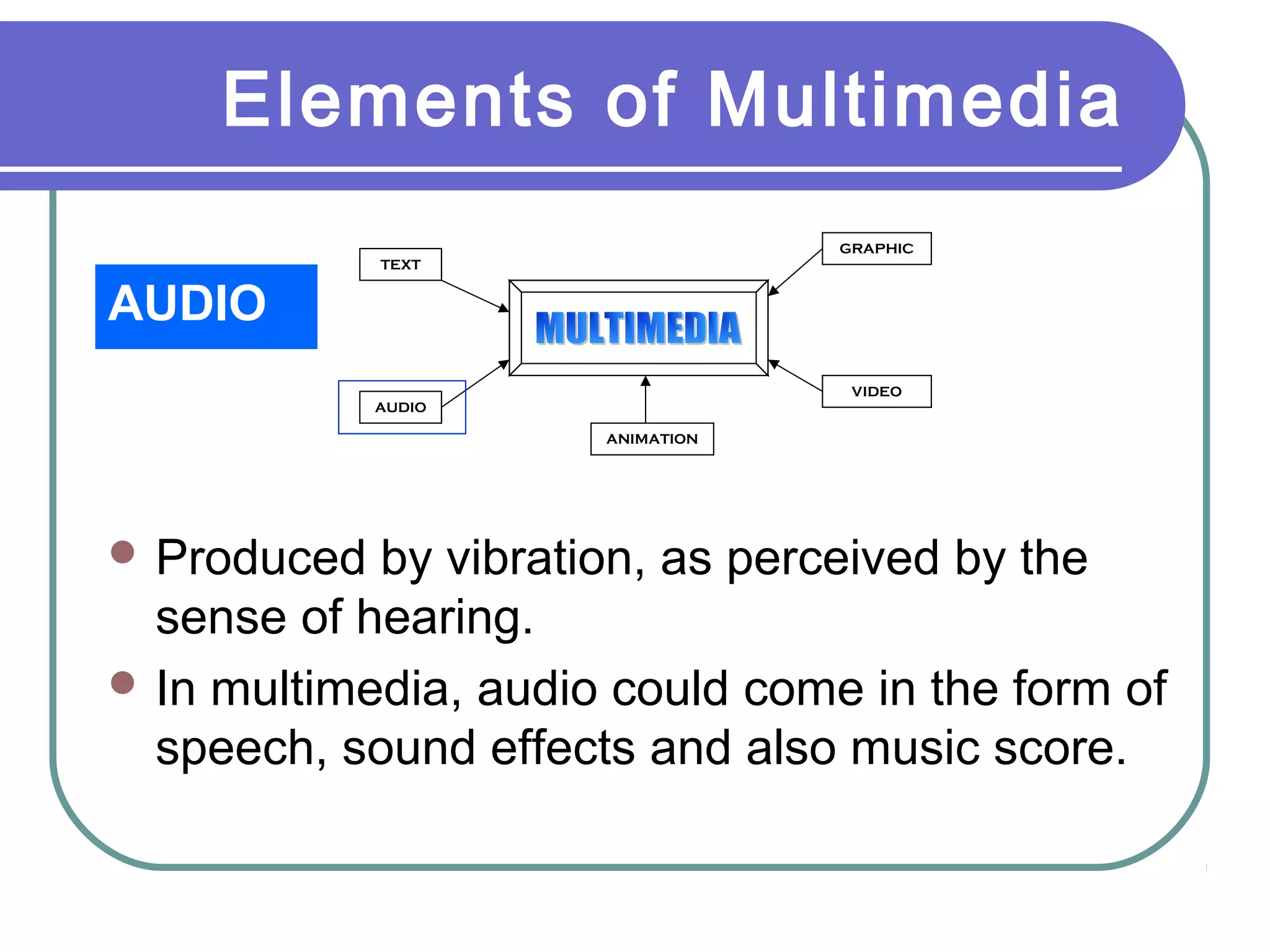 Elements of Multimedia
AUDIO
TEXT
AUDIO
GRAPHIC
VIDEO
ANIMATION
 Produced by vibration, as perceived by the
sense of hearing.
 In multimedia, audio could come in the form of
speech, sound effects and also music score.
 