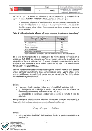 Código Denominación del documento normativo
NT- - -MINEDU
“Norma Técnica para la implementación
del mecanismo denominado
Compromisos de Desempeño 2022”
149
de los CdD 2021, la Resolución Ministerial N° 042-2021-MINEDU y su modificatoria
aprobada mediante RM N° 334-2021-MINEDU, donde se estableció que:
“a. El tramo 4 no implica la transferencia de recursos, más su cumplimiento es
de carácter obligatorio, toda vez que su incumplimiento implica una reducción
del MMA en una futura edición del mecanismo, conforme al siguiente esquema
de penalización
Tabla N° 05. Penalización del MMA por UE, según el número de indicadores incumplidos”
Número de indicadores
Incumplidos
Penalización
de MMA
Dos indicadores 3%
Tres indicadores 6%
Cuatro indicadores 9%
Cinco indicadores 12%
Seis o más indicadores 15%
Fuente: Resolución Ministerial N° 042-2021-MINEDU y RM N° 334-2021-MINEDU
En el caso del incumplimiento en la presentación del informe de uso de recursos en la
edición de CdD 2021, se establece que “de no realizar este envío, se aplicará una
reducción del 5% en el MMA de cada UE, en una futura edición del mecanismo”, según
el literal e. del numeral 6.8 de la Norma Técnica de los CdD 2021, la Resolución
Ministerial N° 042-2021-MINEDU.
Así, con dicha información se calcula el porcentaje total a reducir del MMA 2022 de cada
una de las UE por incumplimiento de los compromisos del tramo 4 y por la falta de envío
oportuno del formato de rendición de uso de recursos transferidos. Para dicho cálculo
se considera la siguiente formula:
𝑟 = 𝑟𝑐 + 𝑟𝑢
Donde:
 𝑟, corresponde al porcentaje total de reducción del MMA preliminar 2022.
 𝑟𝑐, corresponde al porcentaje a reducir de acuerdo con el número de
compromisos incumplidos del tramo 4 de los CdD 2021.
 𝑟𝑢, corresponde al porcentaje a reducir por no enviar el formato de uso de
recursos.
Este porcentaje es aplicado al MMA preliminar calculado en la etapa 4 para las UE que
hayan sido finalmente penalizadas, y considera la siguiente formula:
𝑀𝑀𝐴𝑓 = 𝑀𝑀𝐴𝑝𝑟𝑒𝑙 − 𝑟 ∗ 𝑀𝑀𝐴𝑝𝑟𝑒𝑙
Donde:
 𝑀𝑀𝐴𝑓, corresponde al MMA final para cada IGED a la que le corresponde una
penalización.
 