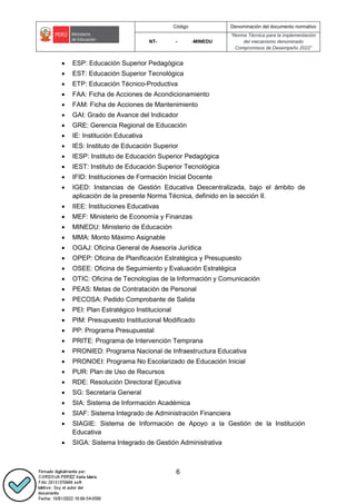 Código Denominación del documento normativo
NT- - -MINEDU
“Norma Técnica para la implementación
del mecanismo denominado
Compromisos de Desempeño 2022”
6
 ESP: Educación Superior Pedagógica
 EST: Educación Superior Tecnológica
 ETP: Educación Técnico-Productiva
 FAA: Ficha de Acciones de Acondicionamiento
 FAM: Ficha de Acciones de Mantenimiento
 GAI: Grado de Avance del Indicador
 GRE: Gerencia Regional de Educación
 IE: Institución Educativa
 IES: Instituto de Educación Superior
 IESP: Instituto de Educación Superior Pedagógica
 IEST: Instituto de Educación Superior Tecnológica
 IFID: Instituciones de Formación Inicial Docente
 IGED: Instancias de Gestión Educativa Descentralizada, bajo el ámbito de
aplicación de la presente Norma Técnica, definido en la sección II.
 IIEE: Instituciones Educativas
 MEF: Ministerio de Economía y Finanzas
 MINEDU: Ministerio de Educación
 MMA: Monto Máximo Asignable
 OGAJ: Oficina General de Asesoría Jurídica
 OPEP: Oficina de Planificación Estratégica y Presupuesto
 OSEE: Oficina de Seguimiento y Evaluación Estratégica
 OTIC: Oficina de Tecnologías de la Información y Comunicación
 PEAS: Metas de Contratación de Personal
 PECOSA: Pedido Comprobante de Salida
 PEI: Plan Estratégico Institucional
 PIM: Presupuesto Institucional Modificado
 PP: Programa Presupuestal
 PRITE: Programa de Intervención Temprana
 PRONIED: Programa Nacional de Infraestructura Educativa
 PRONOEI: Programa No Escolarizado de Educación Inicial
 PUR: Plan de Uso de Recursos
 RDE: Resolución Directoral Ejecutiva
 SG: Secretaría General
 SIA: Sistema de Información Académica
 SIAF: Sistema Integrado de Administración Financiera
 SIAGIE: Sistema de Información de Apoyo a la Gestión de la Institución
Educativa
 SIGA: Sistema Integrado de Gestión Administrativa
 