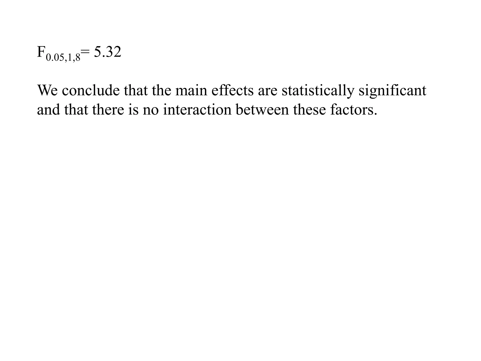 F0.05,1,8= 5.32
We conclude that the main effects are statistically significant
and that there is no interaction between these factors.
 