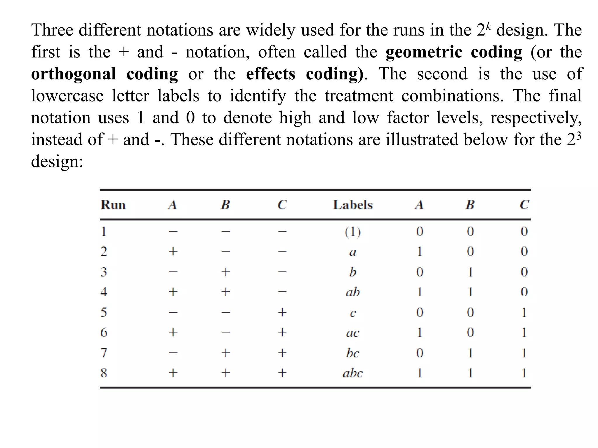 Three different notations are widely used for the runs in the 2k design. The
first is the + and - notation, often called the geometric coding (or the
orthogonal coding or the effects coding). The second is the use of
lowercase letter labels to identify the treatment combinations. The final
notation uses 1 and 0 to denote high and low factor levels, respectively,
instead of + and -. These different notations are illustrated below for the 23
design:
 
