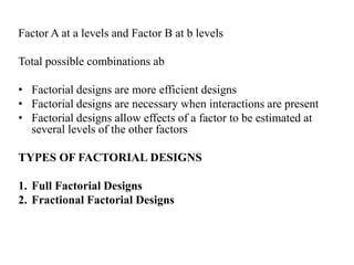 Factor A at a levels and Factor B at b levels
Total possible combinations ab
• Factorial designs are more efficient designs
• Factorial designs are necessary when interactions are present
• Factorial designs allow effects of a factor to be estimated at
several levels of the other factors
TYPES OF FACTORIAL DESIGNS
1. Full Factorial Designs
2. Fractional Factorial Designs
 