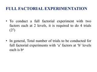 FULL FACTORIAL EXPERIMENTATION
• To conduct a full factorial experiment with two
factors each at 2 levels, it is required to do 4 trials
(22)
• In general, Total number of trials to be conducted for
full factorial experiments with ‘a’ factors at ‘b’ levels
each is ba
 