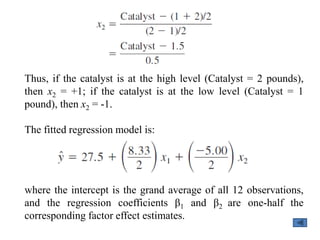 Thus, if the catalyst is at the high level (Catalyst = 2 pounds),
then x2 = +1; if the catalyst is at the low level (Catalyst = 1
pound), then x2 = -1.
The fitted regression model is:
where the intercept is the grand average of all 12 observations,
and the regression coefficients β1 and β2 are one-half the
corresponding factor effect estimates.
 