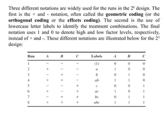 Three different notations are widely used for the runs in the 2k design. The
first is the + and - notation, often called the geometric coding (or the
orthogonal coding or the effects coding). The second is the use of
lowercase letter labels to identify the treatment combinations. The final
notation uses 1 and 0 to denote high and low factor levels, respectively,
instead of + and -. These different notations are illustrated below for the 23
design:
 