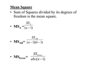 Mean Square
• Sum of Squares divided by its degrees of
freedom is the mean square.
• MSA =
• MSAB=
• MSError=
)
1
( 
a
SSA
)
1
)(
1
( 
 b
a
SSAB
)
1
( 
n
abc
SSError
 
