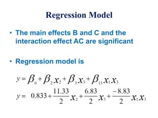 Regression Model
• The main effects B and C and the
interaction effect AC are significant
• Regression model is
 
